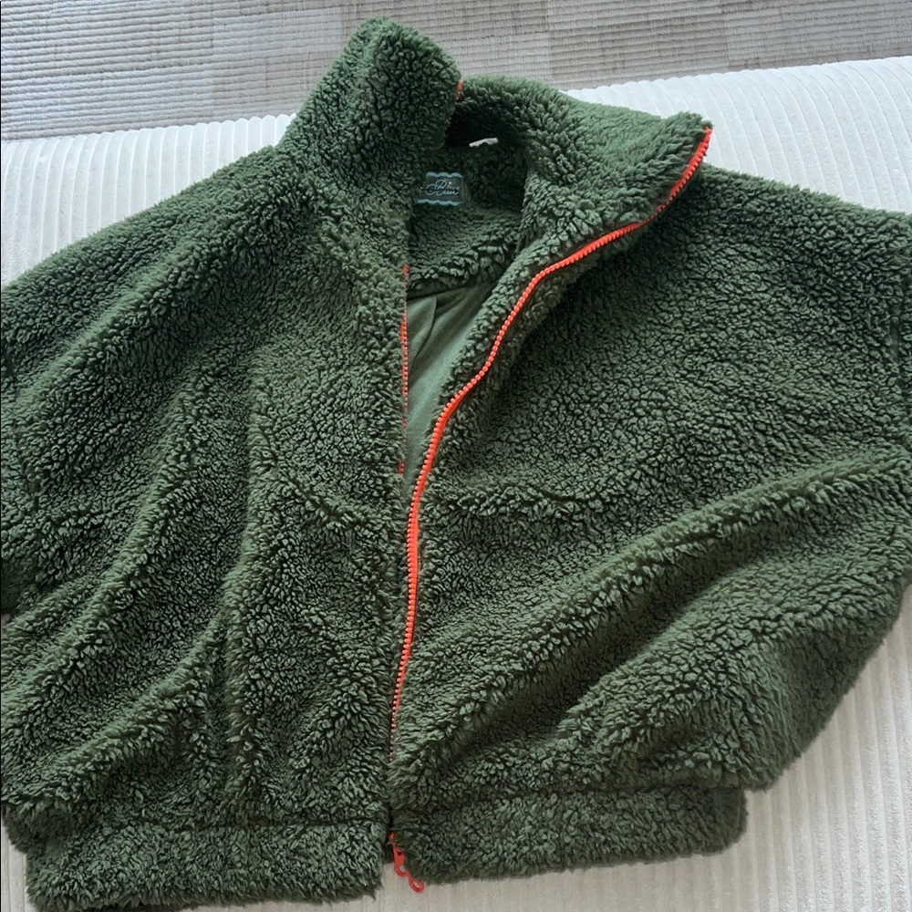 Kimchi Blue Green Sherpa Jacket with Orange Trim